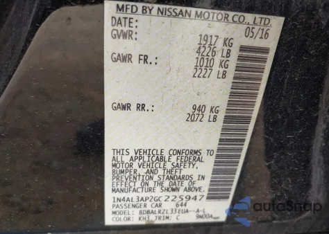 2016 Nissan Altima 2.5 Sl z USA, uszkodzony, nr VIN 1N4AL3AP2GC225947